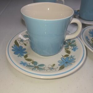 Vintage MIKASA Sera Stone Gigi Blue Tea Cups Saucers Floral Set Of 4 -771